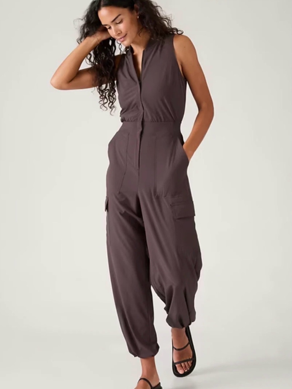 Athleta Brooklyn Utility Jumpsuit Shale Gray Brown - Size 8 Tall
